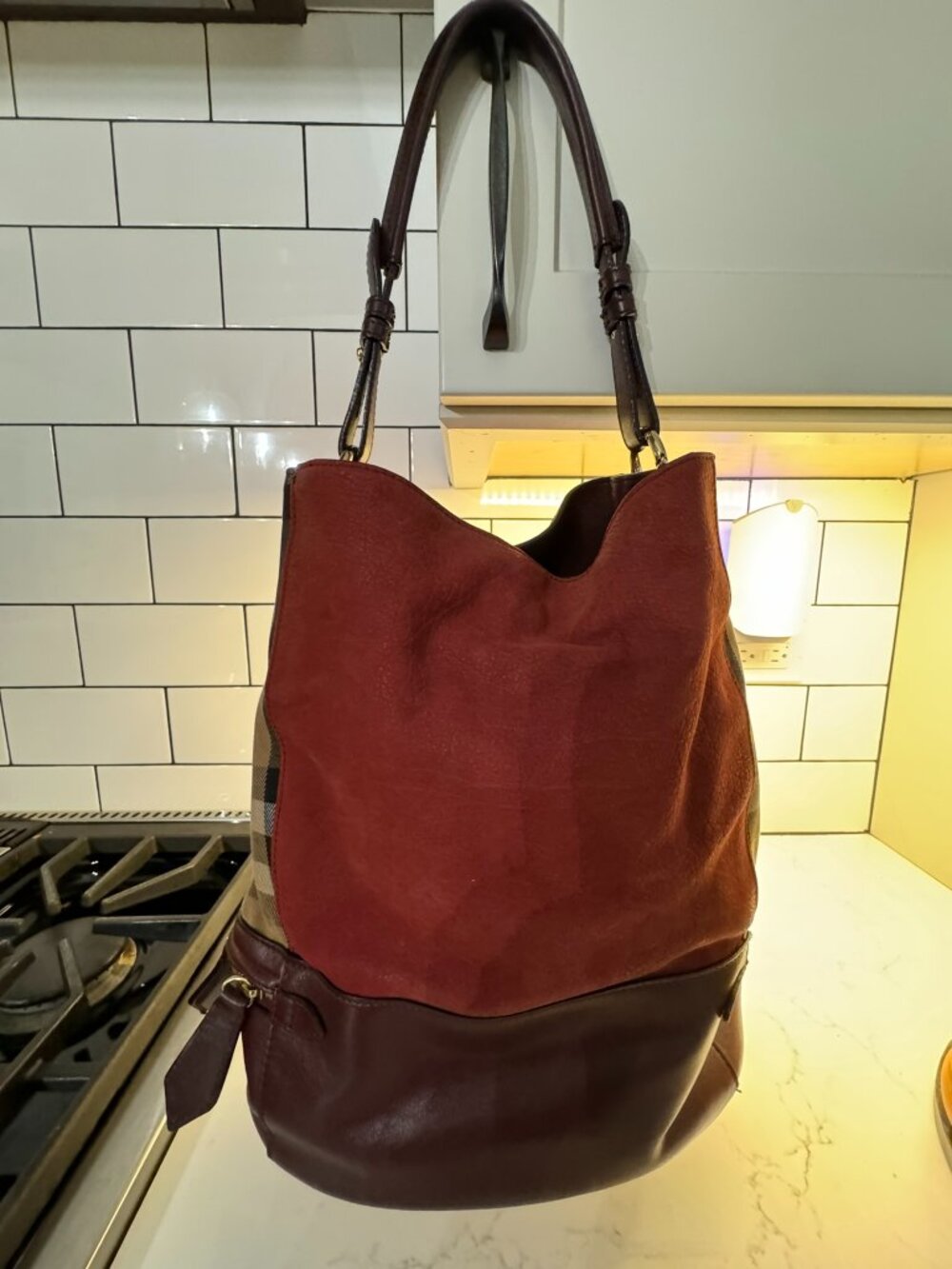 Authentic Burberry Nubuck Canvas Check Beckett Bag in Deep Claret